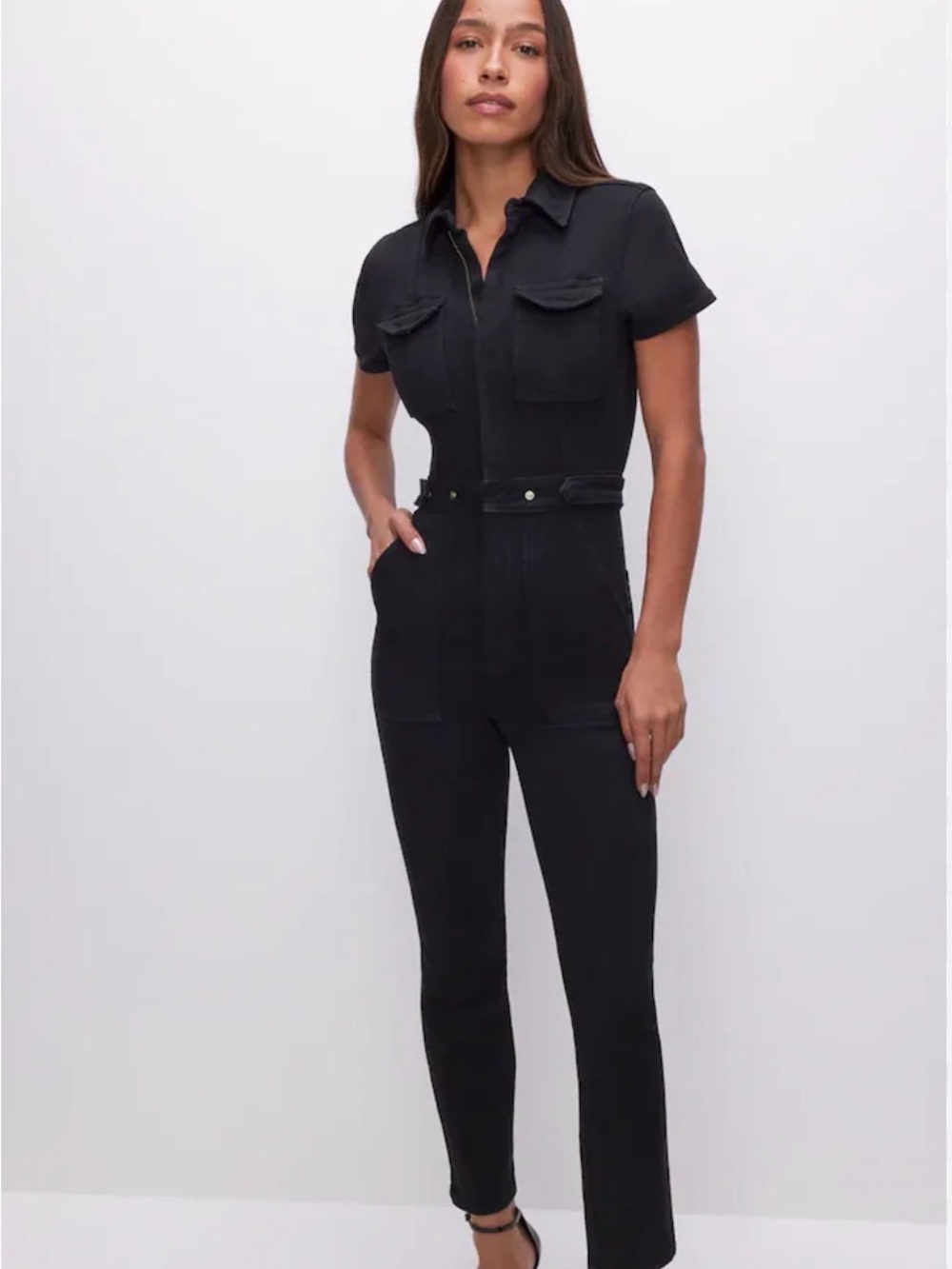 Good American Black Denim Short-Sleeve  Jumpsuit